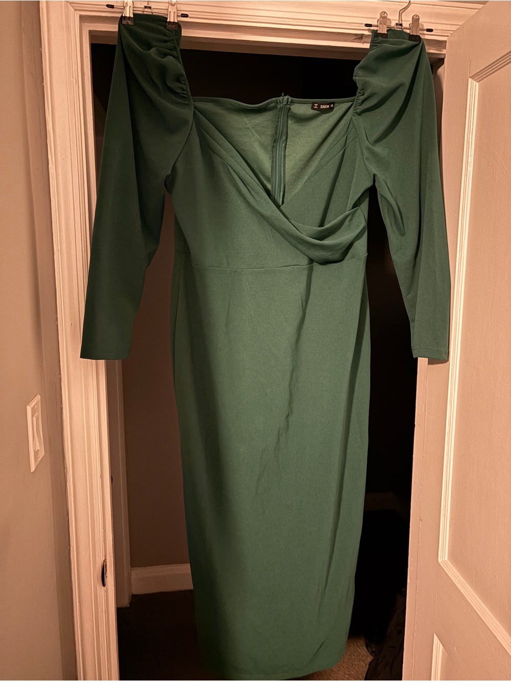 SHEIN Forest Green Long Sleeve Draped Midi Dress